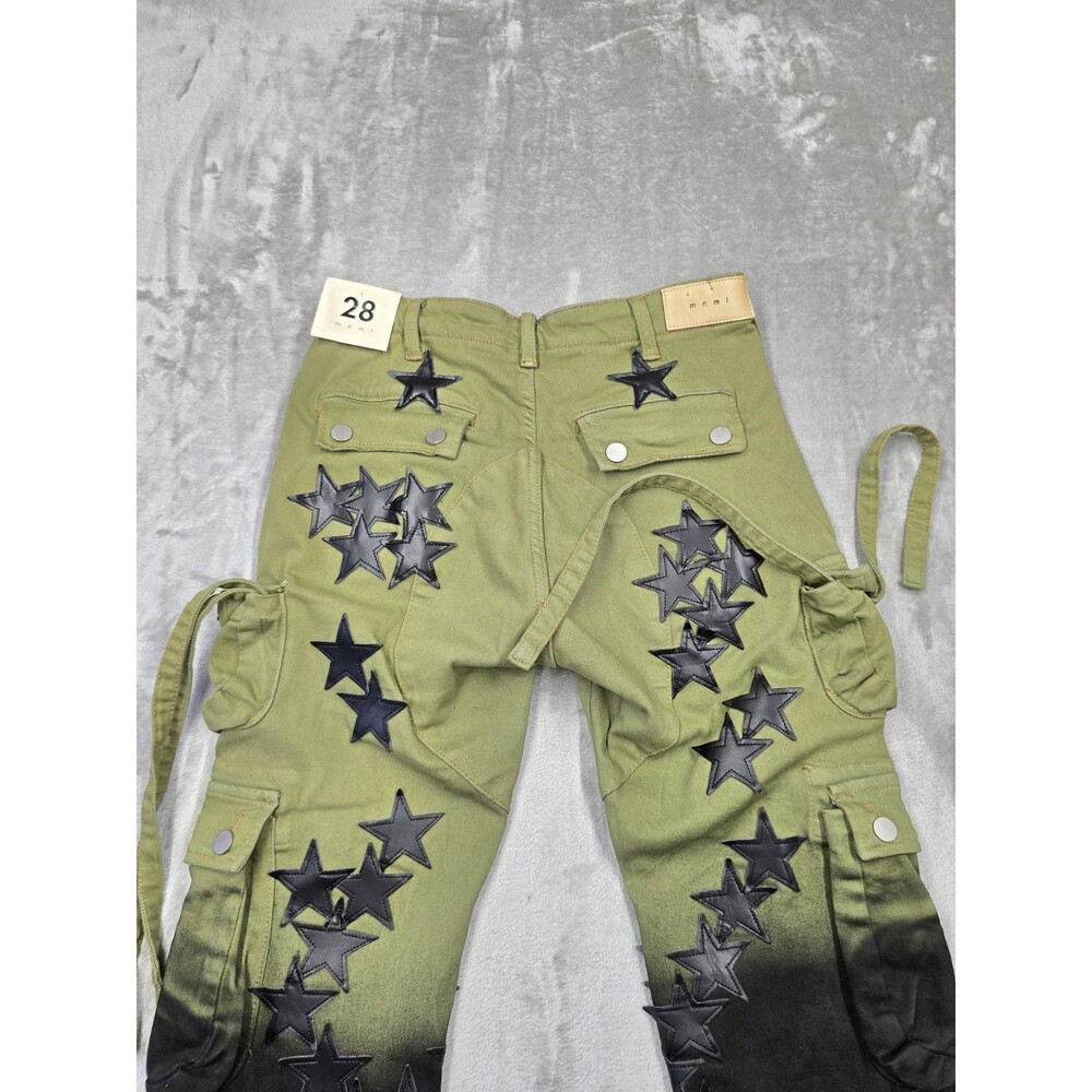 ​MNML Star Cargo Pants Size 28 Green Black Gradient Two Tone Leather Stars Y2K - Picture 10 of 10
